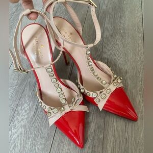 Kate Spade Red Patent Leather Bow Heels with Crystal Trim